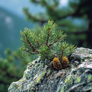 Rami di Pinus mugo (pino mugo) con aghi verdi e coni piccoli, tipico delle montagne europee.