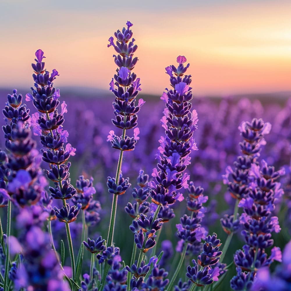 Fiori di Lavandula hybrida (lavanda) di colore viola, coltivati per il loro profumo rilassante e l'olio essenziale.