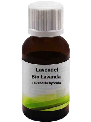 Una bottiglietta di vetro marrone con tappo a vite bianco, etichettata con "Bio Lavanda - Lavandula hybrida 10 ml". L'etichetta mostra un design minimalista verde.