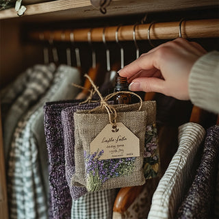 Una mano che inserisce una bottiglia di olio essenziale di lavanda in un sacchetto di stoffa all'interno di un armadio. Il sacchetto è decorato con un'etichetta e fiori di lavanda, circondato da abiti piegati ordinatamente. La scena trasmette un'atmosfera accogliente e profumata.