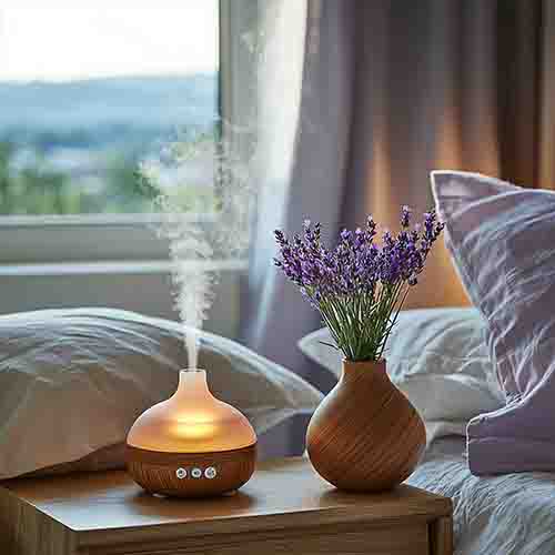 Una camera da letto accogliente con un diffusore di oli essenziali in legno su un comodino, che emette una leggera nebbia profumata. Accanto al diffusore, un vaso di legno contiene fiori di lavanda freschi. La luce naturale entra dalla finestra, creando un'atmosfera rilassante e rinfrescante.