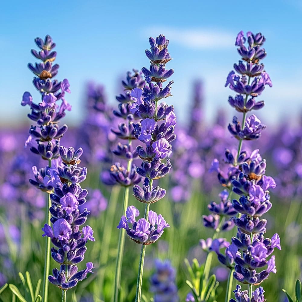 Fiori di Lavandula angustifolia (lavanda vera) di colore viola intenso, utilizzati per l'estrazione di oli essenziali rilassanti.