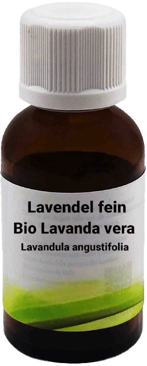 Una bottiglietta di vetro marrone con tappo a vite bianco, etichettata con "Bio Lavanda - Lavandula hybrida 30 ml". L'etichetta mostra un design minimalista verde.