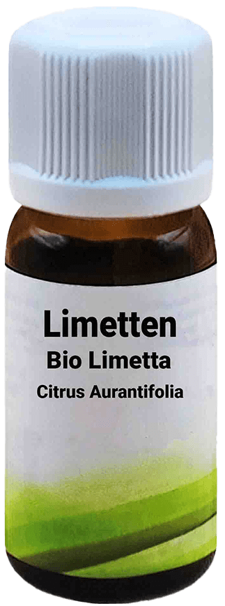 Una bottiglietta di vetro marrone con tappo a vite bianco, etichettata con Bio Limetta - Citrus Aurantifolia  10 ml. L'etichetta mostra un design minimalista verde.