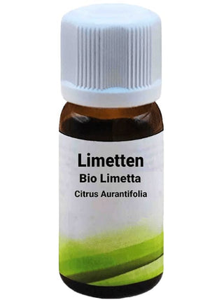 Bottiglia da 10 ml di Olio Essenziale di Limetta, su sfondo bianco.