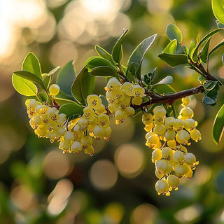 Rami di Litsea cubeba con piccoli fiori gialli e foglie verdi, da cui si estrae un olio essenziale con un aroma agrumato.