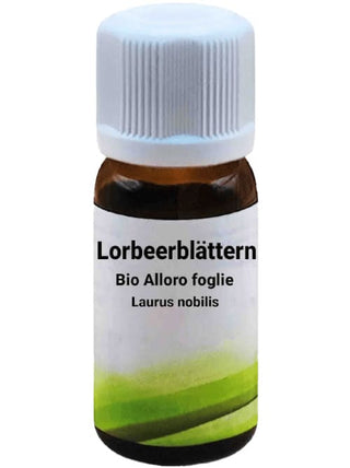 Bottiglia da 10 ml di Olio Essenziale di Alloro foglie, su sfondo bianco.