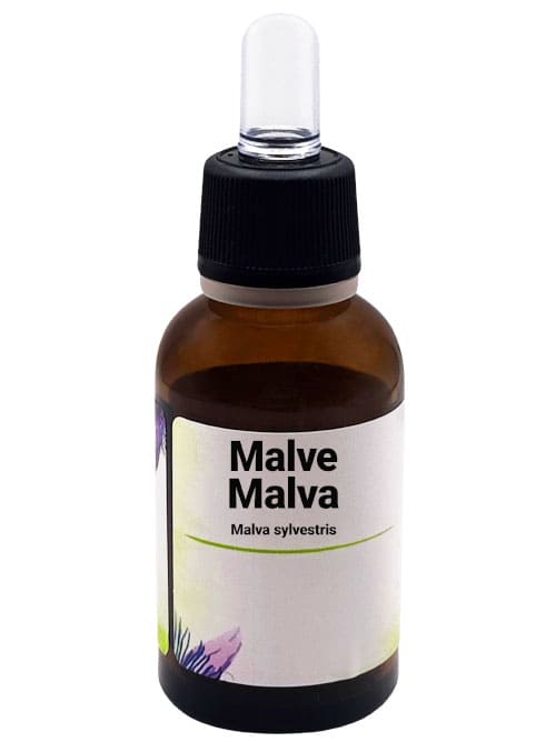 Una bottiglia di estratto liquido di Malva (Malva sylvestris) con contagocce nero e etichetta in italiano che indica "Malve Malva Malva sylvestris". La bottiglia è marrone scuro e l'etichetta è decorata con illustrazioni floreali.