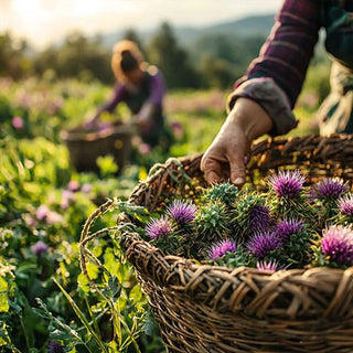 Una donna raccoglie cardi mariani in un campo, con un grande cestino di vimini pieno di fiori viola. Il sole tramonta creando un'atmosfera calda e dorata.