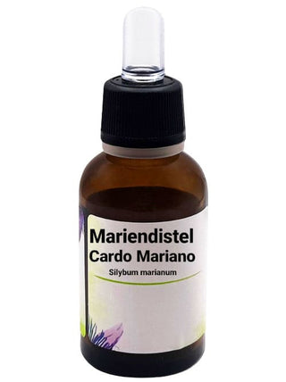 Una bottiglia di estratto liquido di Cardo Mariano (Silybum marianum) con contagocce nero e etichetta in italiano che indica "Mariendistel Cardo Mariano Silybum marianum". La bottiglia è marrone scuro e l'etichetta è decorata con illustrazioni floreali.