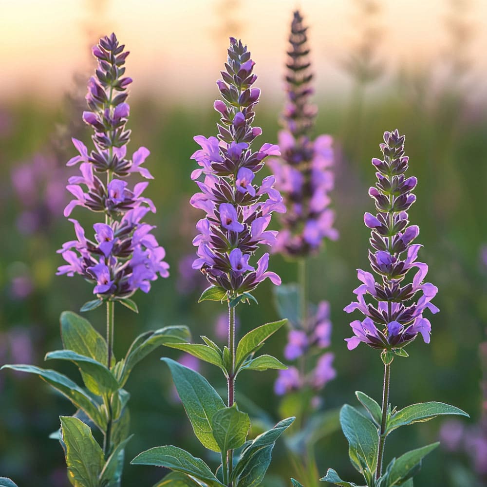 Fiori di Salvia sclarea (salvia sclarea) di colore viola, noti per il loro profumo e proprietà medicinali.