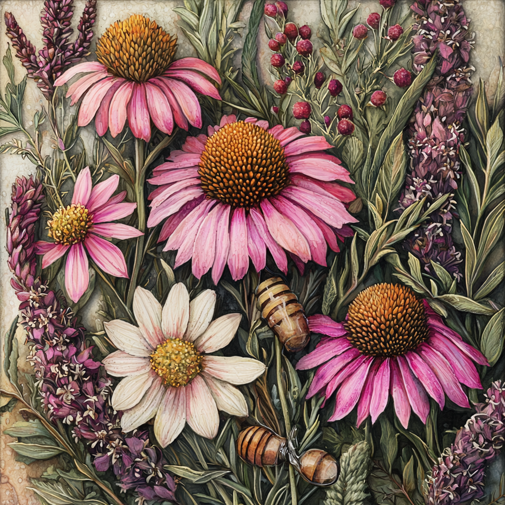 Un'illustrazione artistica di fiori di Echinacea rosa e bianca, insieme a fiori di erbe medicinali e api, rappresentando un pacchetto di rafforzamento immunitario naturale.