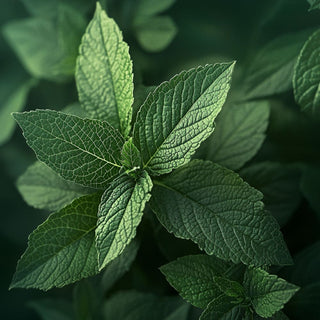 Foglie di Pogostemon cablin (patchouli) larghe e verdi, utilizzate per estrarre un olio essenziale con un aroma terroso e muschiato.