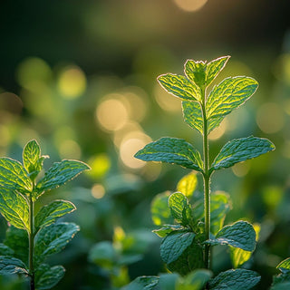 Foglie di Mentha piperita (menta piperita) verdi e aromatiche, da cui si estrae un olio essenziale dal profumo fresco e pungente.