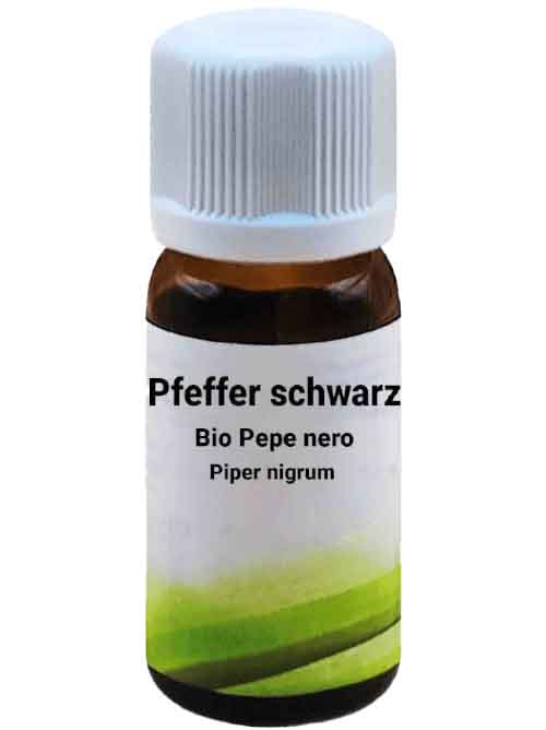 Una 10 ml bottiglietta di vetro marrone con tappo a vite bianco, etichettata con Bio Pepe nero - Piper nigrum 10 ml. L'etichetta mostra un design minimalista verde.