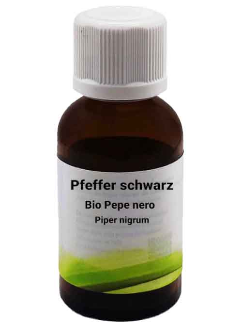 Una  30 ml bottiglietta di vetro marrone con tappo a vite bianco, etichettata con Bio Pepe nero - Piper nigrum 10 ml. L'etichetta mostra un design minimalista verde.