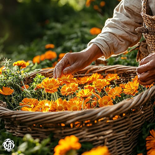  Mani che raccolgono fiori di calendula arancioni in un cesto durante il raccolto.