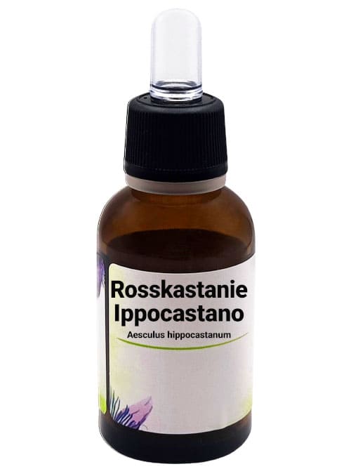 Una bottiglia di estratto liquido di Ippocastano (Aesculus hippocastanum) con contagocce nero e etichetta in italiano che indica "Rosskastanie Ippocastano Aesculus hippocastanum". La bottiglia è marrone scuro e l'etichetta è decorata con illustrazioni floreali.