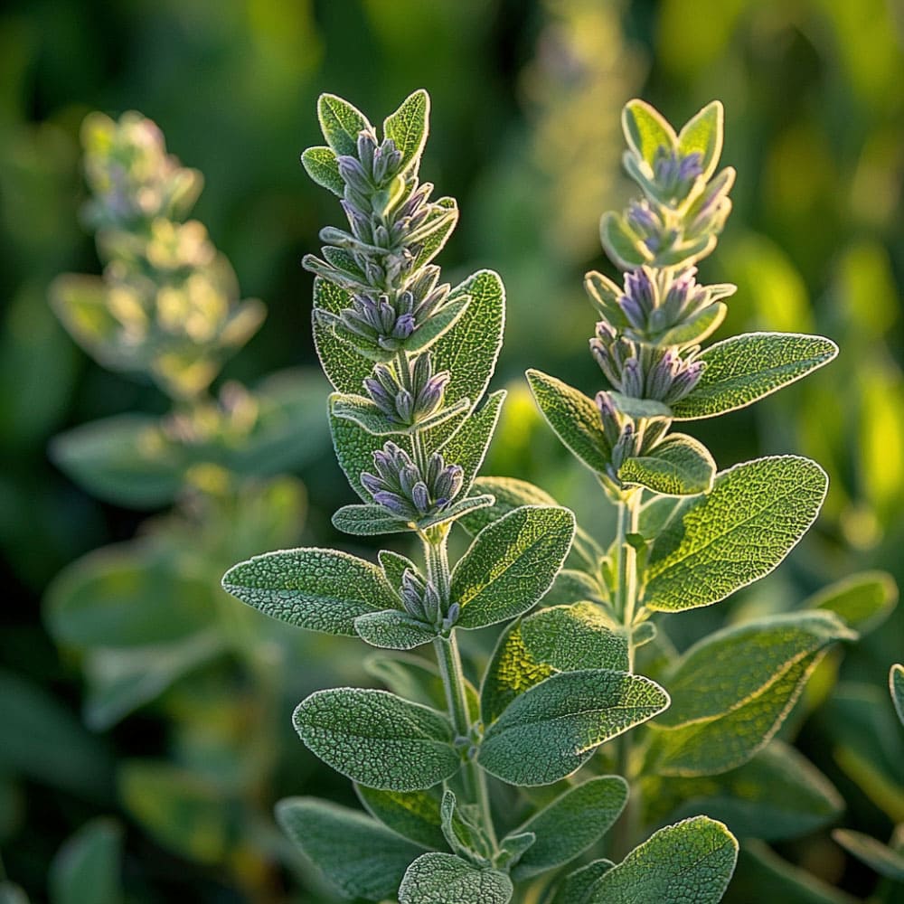  Pianta di salvia con foglie verdi vellutate e fiori giovani che emergono alla luce del sole.