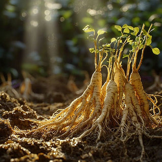 Radici di ginseng siberiano piantate nel terreno, illuminate dalla luce del sole che filtra tra gli alberi.