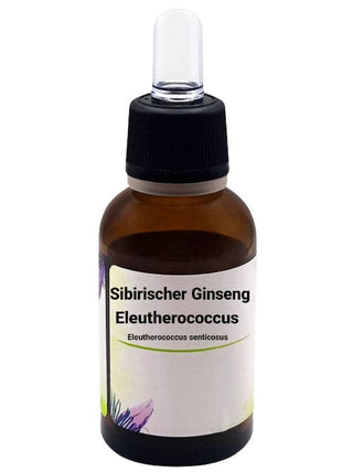 Una bottiglia di estratto liquido di Eleutherococcus senticosus (Ginseng siberiano) con contagocce nero e etichetta in italiano che indica "Sibirischer Ginseng Eleutherococcus Eleutherococcus senticosus". La bottiglia è marrone scuro e l'etichetta è decorata con illustrazioni floreali.