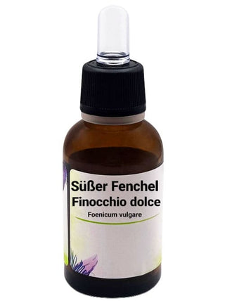 Una bottiglia di estratto liquido di Foeniculum vulgare (Süßer Fenchel) con contagocce nero e etichetta in italiano che indica "Süßer Fenchel Finocchio dolce Foeniculum vulgare". La bottiglia è marrone scuro e l'etichetta è decorata con illustrazioni floreali.