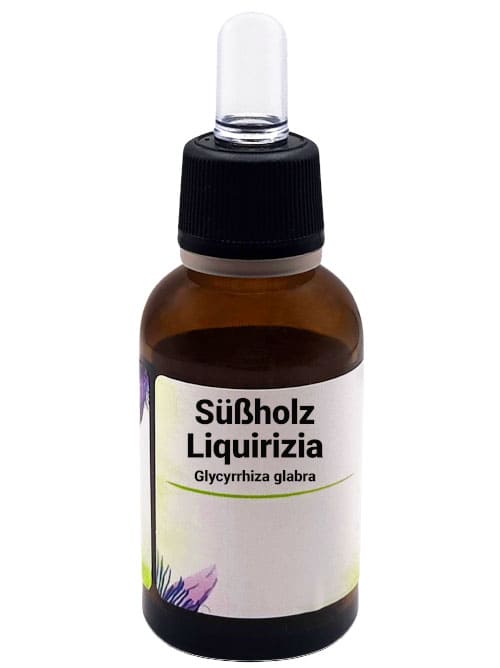 Una bottiglia di estratto liquido di liquirizia (Glycyrrhiza glabra) da 30 ml con contagocce nero e etichetta che indica "Süßholz Liquirizia Glycyrrhiza glabra