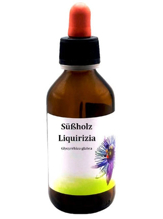 Una bottiglia di estratto liquido di liquirizia (Glycyrrhiza glabra) da 100 ml con contagocce rosso e etichetta che indica "Süßholz Liquirizia Glycyrrhiza glabra