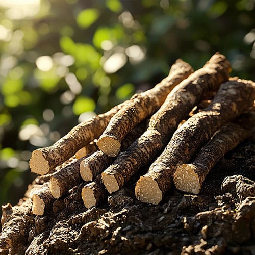 Una raccolta di radici di liquirizia (Glycyrrhiza glabra) disposte su un ceppo di legno, illuminate dalla luce del sole.