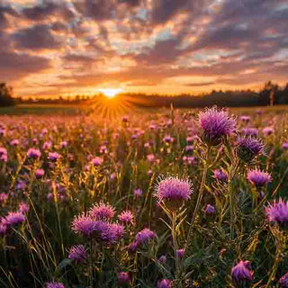 Un campo di fiori di cardo in piena fioritura al tramonto, con il sole che illumina il paesaggio con colori caldi e vibranti. I fiori viola e rosa del cardo spiccano contro il cielo colorato.