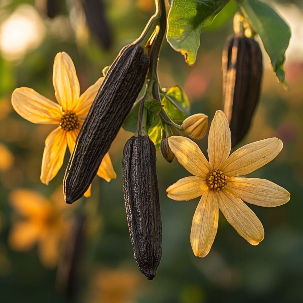 Baccelli di vaniglia neri e fiori gialli su una pianta che si sviluppa in pieno sole.