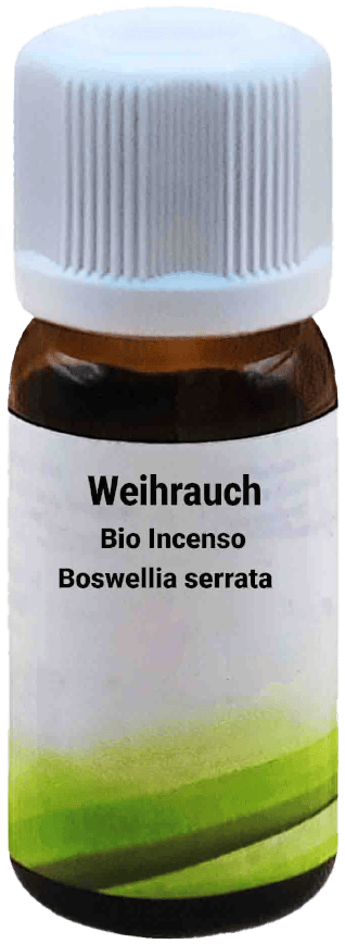 Una bottiglietta di vetro marrone con tappo a vite bianco, etichettata con "Bio Incenso - Boswellia serrata 10 ml". L'etichetta mostra un design minimalista verde.