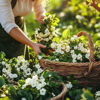 Una persona che raccoglie fiori di biancospino in un cesto di vimini durante una giornata di sole.