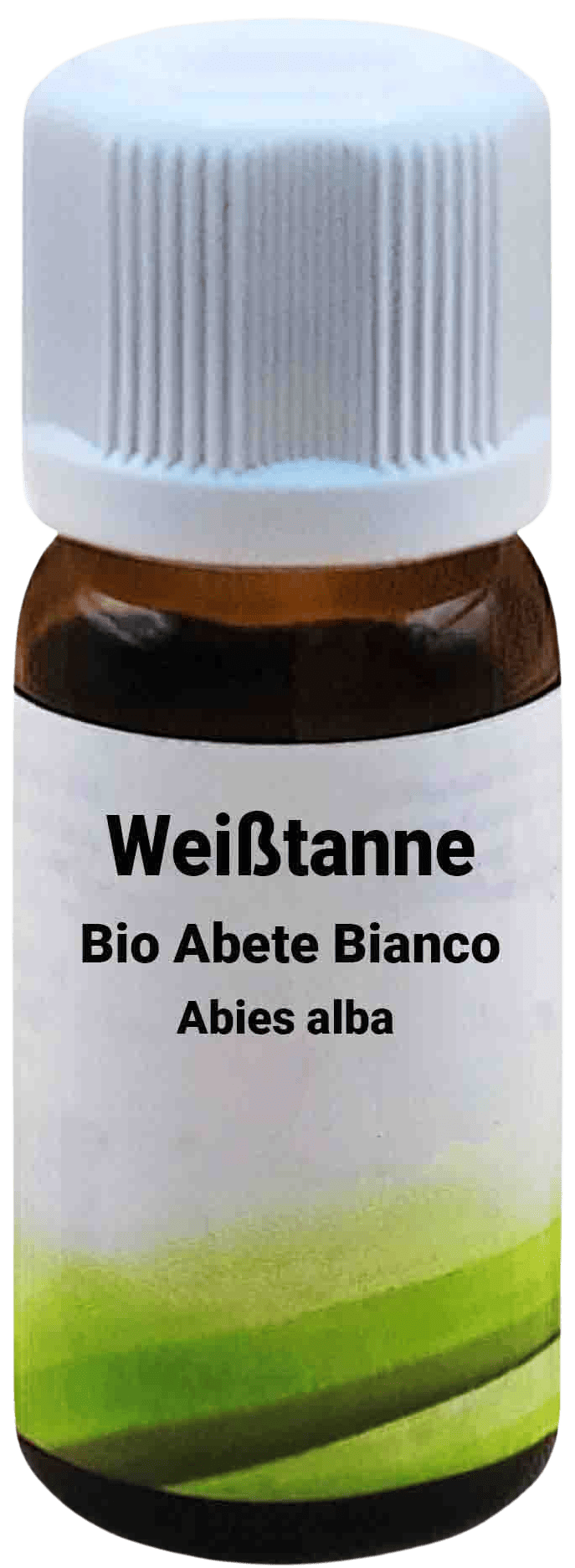 Una bottiglietta di vetro marrone con tappo a vite bianco, etichettata con "Bio Abete Bianco - Abies alba 10 ml". L'etichetta mostra un design minimalista verde.