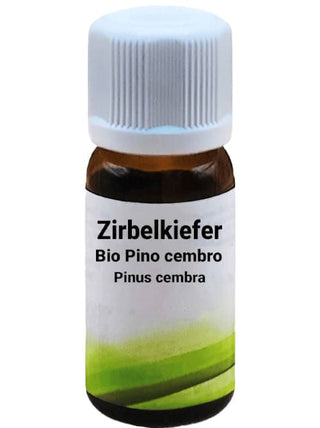 Bottiglia da 10 ml di Olio Essenziale di Zirbe Zierbelkiefer Bio Pino cembro - cirmolo, su sfondo bianco