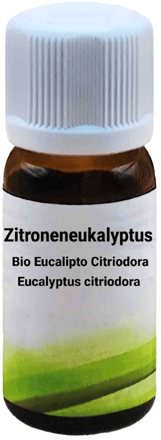 Una bottiglietta di vetro marrone con tappo a vite bianco, etichettata con "Bio Eucalipto Citriodora - Eucalyptus citriodora 10 ml". L'etichetta mostra un design minimalista verde.