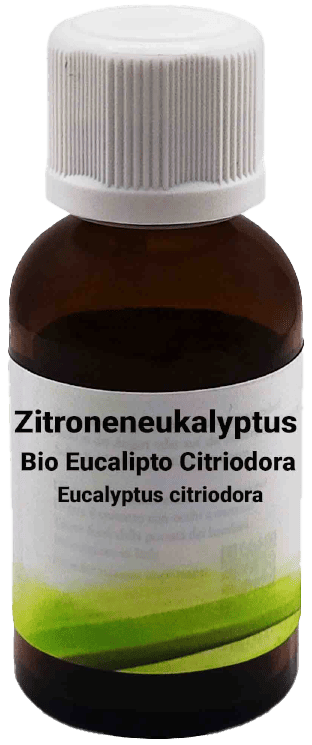 Una bottiglietta di vetro marrone con tappo a vite bianco, etichettata con "Bio Eucalipto Citriodora - Eucalyptus citriodora 30 ml". L'etichetta mostra un design minimalista verde.