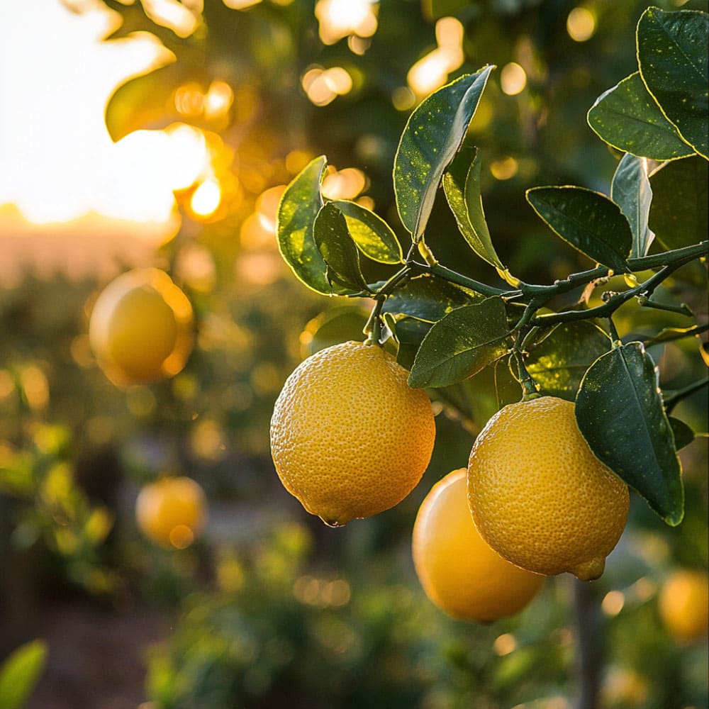 Frutti di limone (Citrus limon) su un albero al tramonto