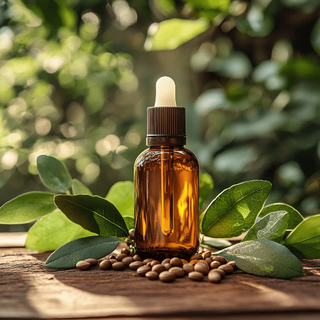 Uno scatto di alta qualità della bottiglia di olio di jojoba biologico, posizionata su una superficie di legno naturale, circondata da semi di jojoba e foglie verdi, su uno sfondo di giardino verde con la luce del sole che filtra attraverso le piante.