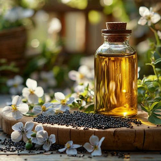 Eine hochwertige Aufnahme der Bio-Schwarzkümmelöl-Flasche, platziert auf einer natürlichen Holzoberfläche, umgeben von Schwarzkümmelsamen und weißen Blumen, vor einem grünen Gartenhintergrund mit Sonnenlicht, das durch die Pflanzen filtert.