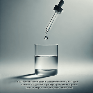 5-10 Tropfen nach dem Essen in Wasser einnehmen, 2 mal täglich.  Assumere 5-10 gocce in acqua dopo i pasti, 2 volte al giorno.  Take 5-10 drops in water after meals, 2 times daily.