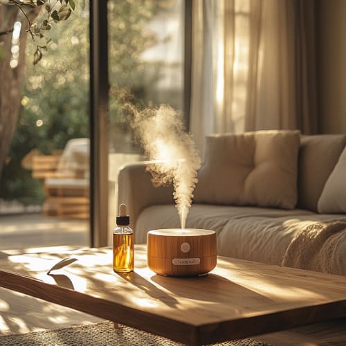 Un soggiorno con un diffusore in legno su un tavolo che rilascia vapori di olio essenziale. Una bottiglia di olio essenziale accanto, con la luce del sole che entra dalle finestre. - Ein Wohnzimmer mit einem Holz-Diffusor auf einem Tisch, der ätherisches Öl vernebelt. Eine Flasche ätherisches Öl steht daneben, Sonnenlicht scheint durch die Fenster. - A living room with a wooden diffuser on a table, releasing essential oil mist. A bottle of essential oil stands next to it, with sunlight streaming through the